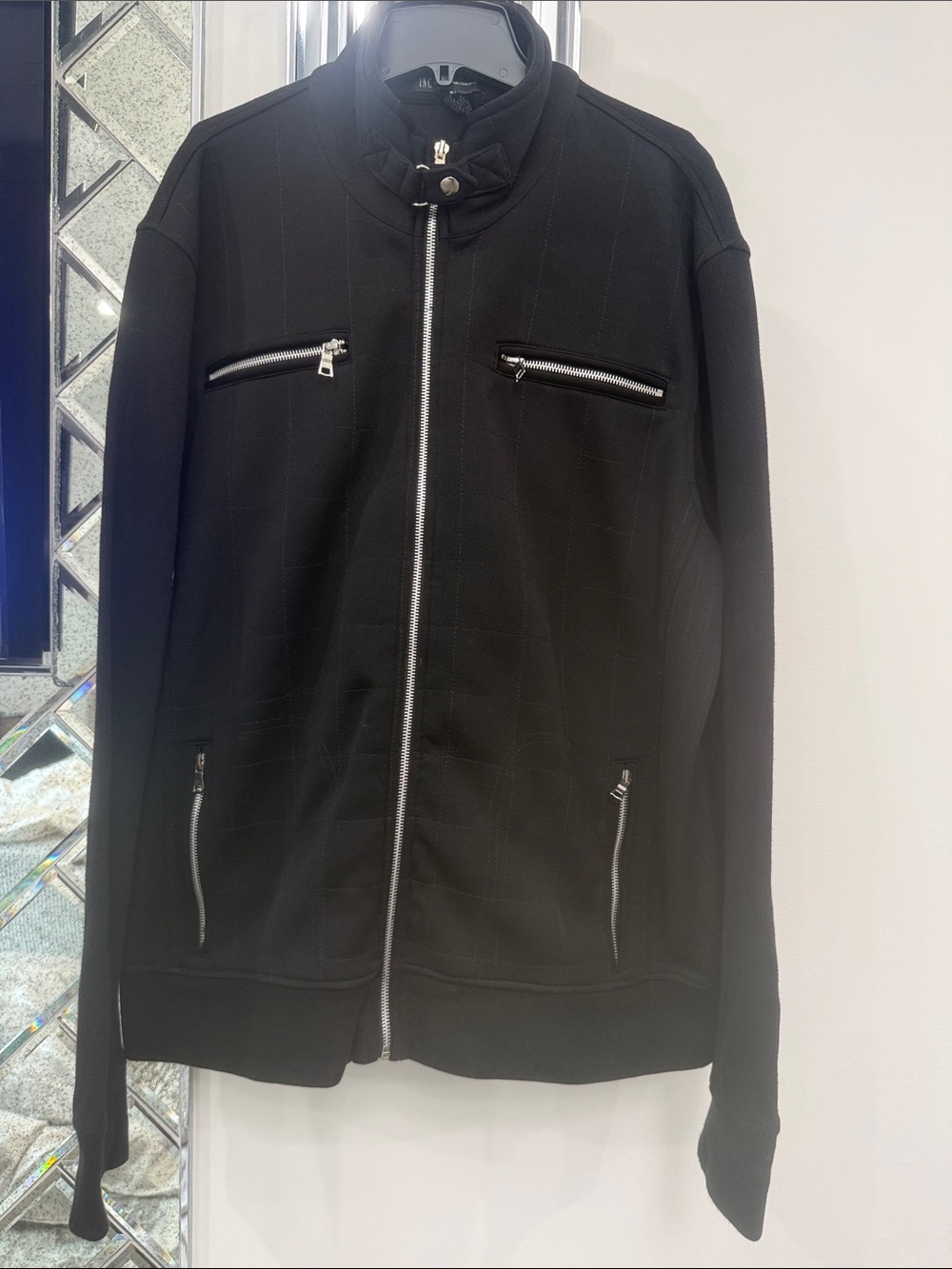 INC Men's Black quilted like stitching Zip-Up sweater Jacket with Silver Zippers